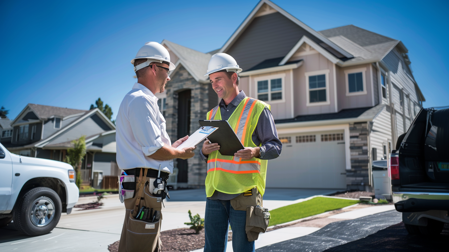 Two roofing contractors talking outside the house.