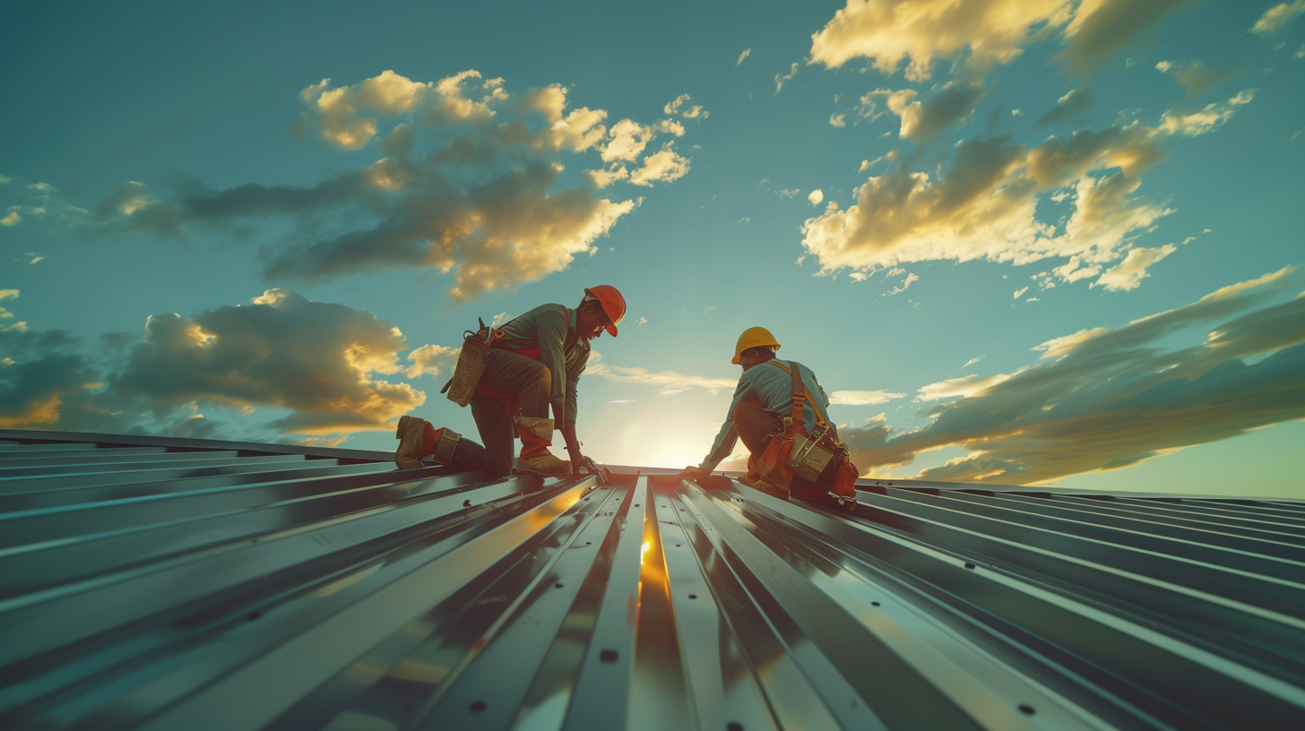 Two roofing contractors fixing the metal roof.