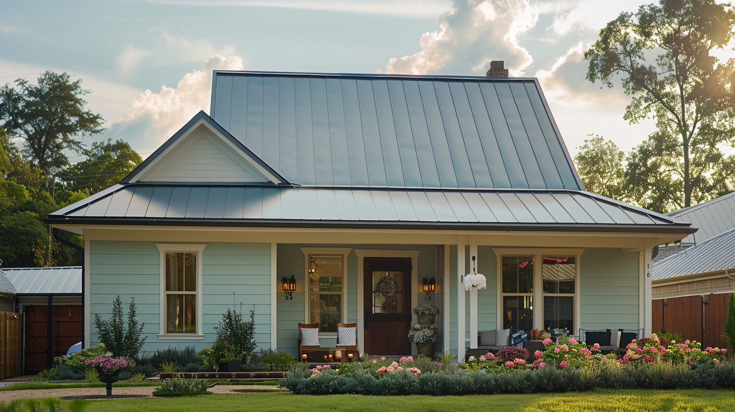 A residential house with metal roofing.