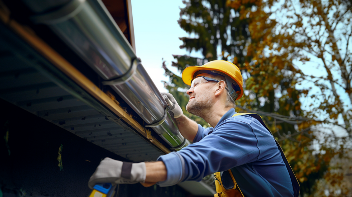 A seasoned roofing contractor wearing safety glasses and hard hat is diligently cleaning the gutter of a house roof.