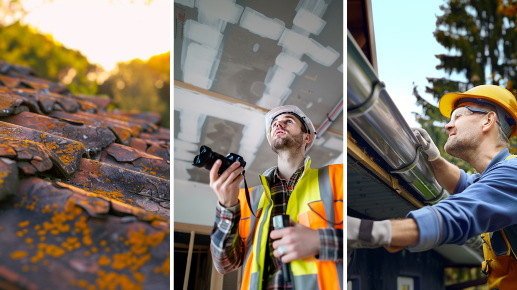 A damaged roof tiles due to negligence in maintenance, a roof contractor in a high-visibility jacket and hard hat inspecting a residential ceiling while holding a camera, and a seasoned roofing contractor wearing safety glasses and hard hat is diligently cleaning the gutter of a house roof.