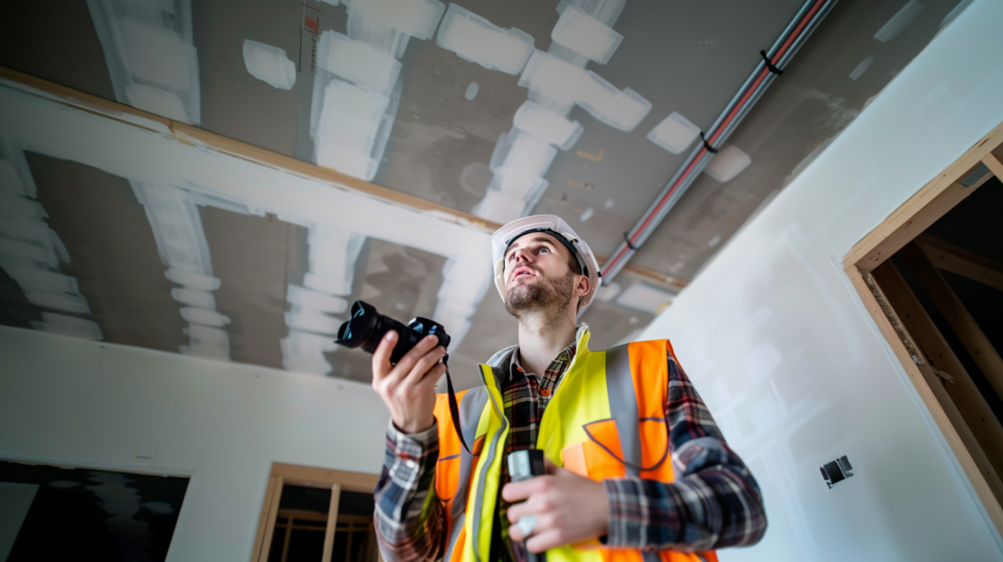 A roof contractor in a high-visibility jacket and hard hat inspecting a residential ceiling while holding a camera.