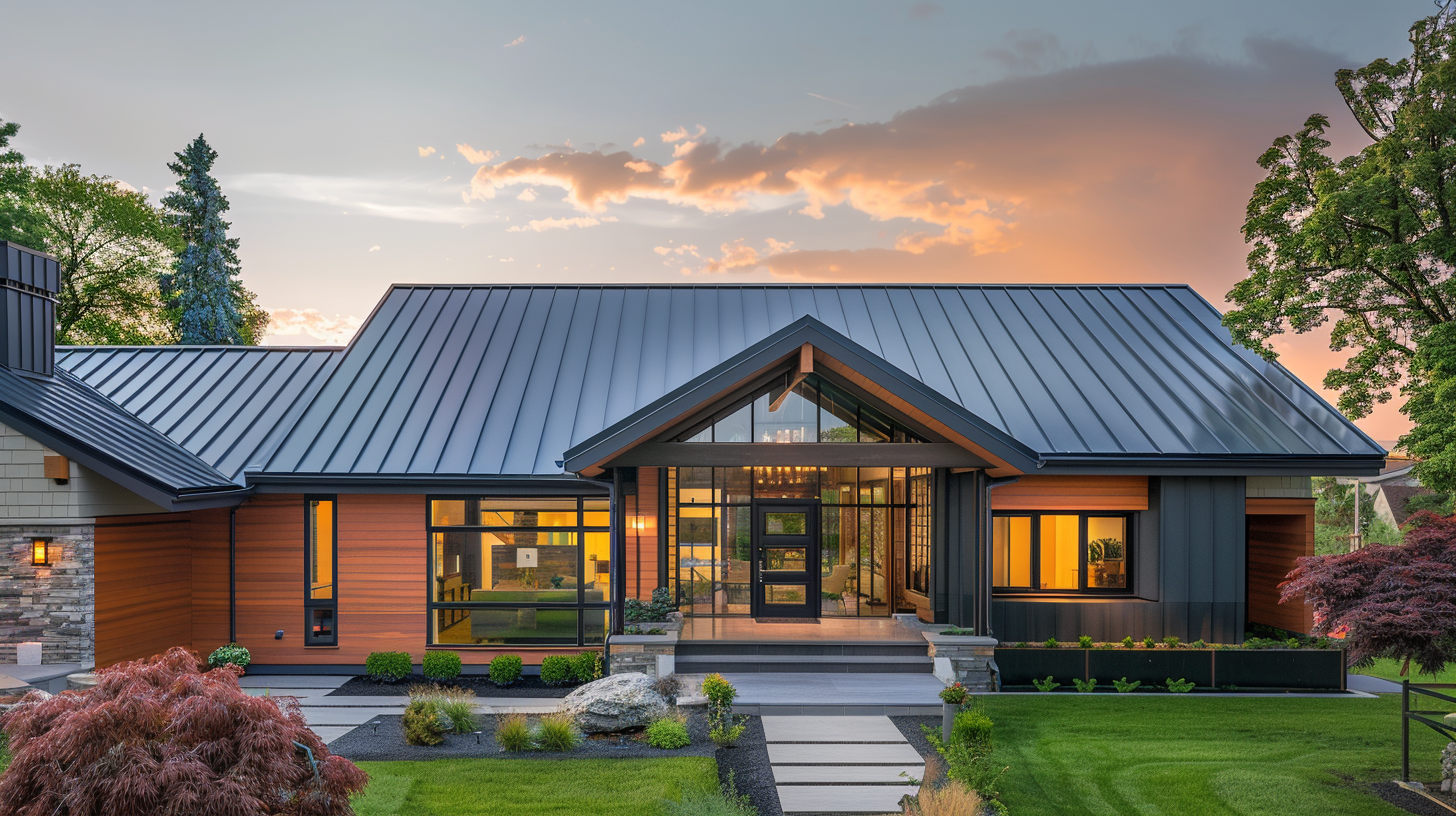 Create an image of a modern house with a standing metal seam roof, catch that the roof installed is new.