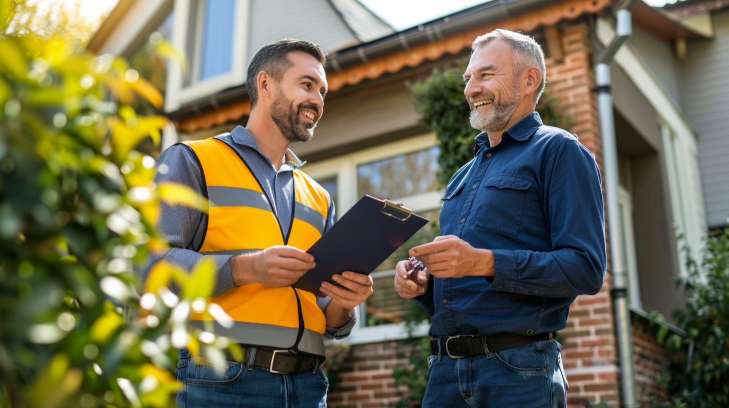 A roofing contractor discussing the details of the roofing project with a customer.