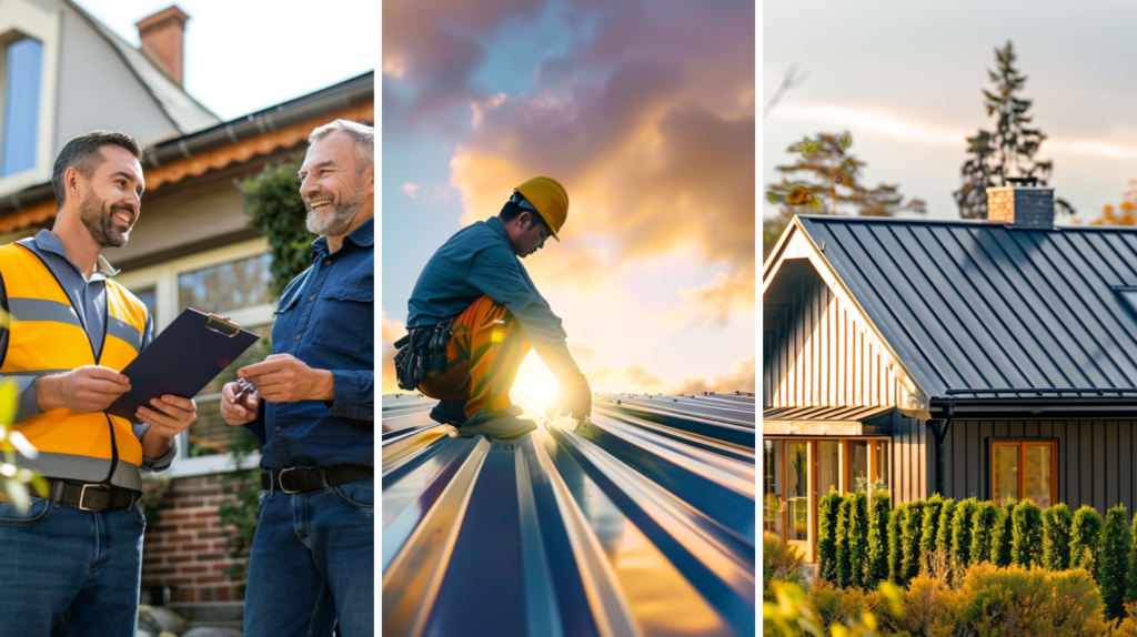 A roofing contractor discussing the details of the roofing project with a customer, a roofing contractor installing a metal roof, and a residential house with metal roofing.