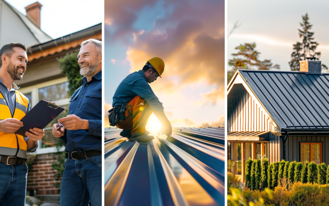 A roofing contractor discussing the details of the roofing project with a customer, a roofing contractor installing a metal roof, and a residential house with metal roofing.