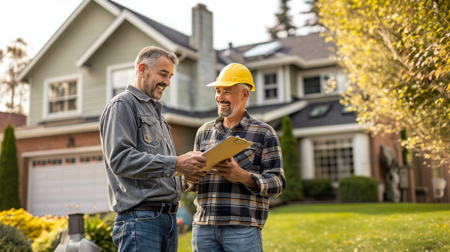 Two roofing contractor talking outside the house.