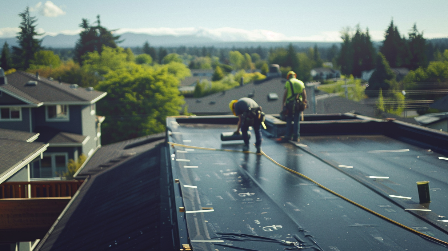 A close-up cinematic rooftop scene captured with a professional construction camera, showing a team of construction workers in safety harnesses applying a black sealant coating to the flat roof of a suburban home.