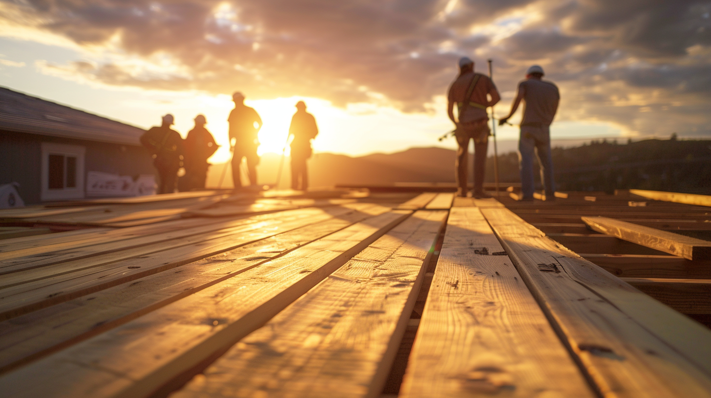 An image of a team of roofing contractors installing roof decking, focusing the shot on the properly installed decking.