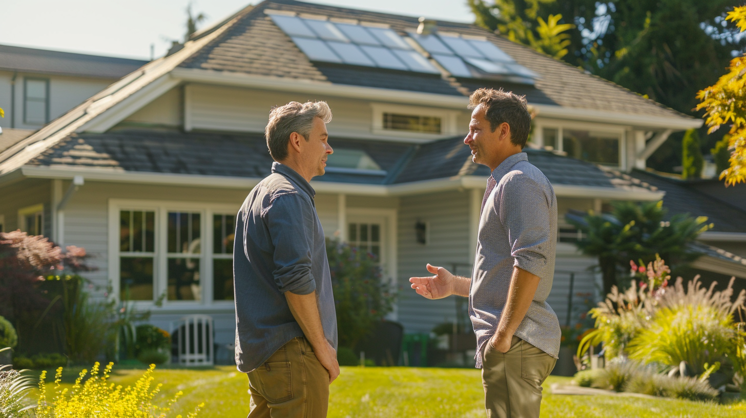 A reliable roofing contractor is talking to the homeowner standing on the lawn in front of the house that has solar tiles on the roof.