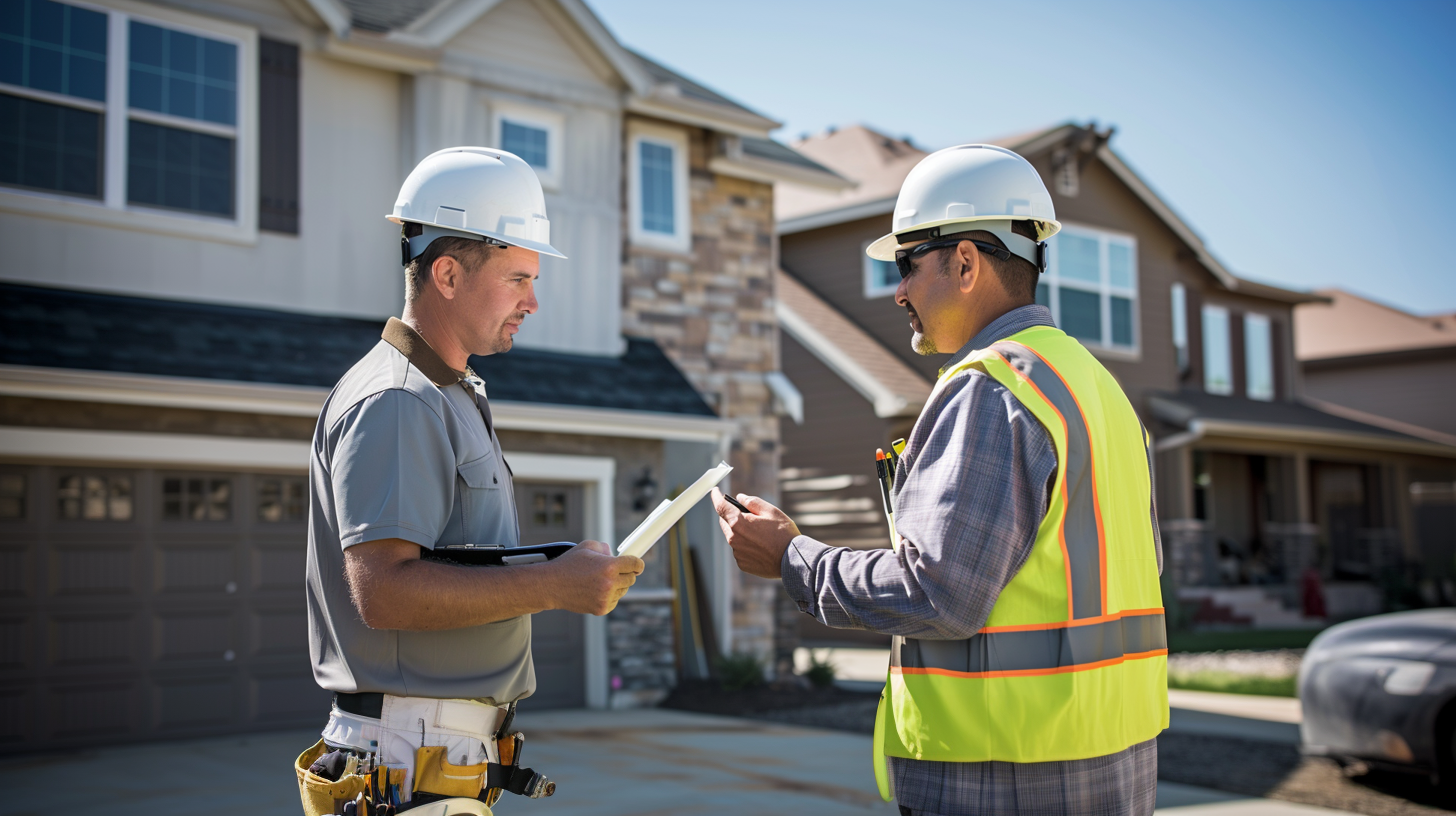 Two roofing contractors talking outside the house.