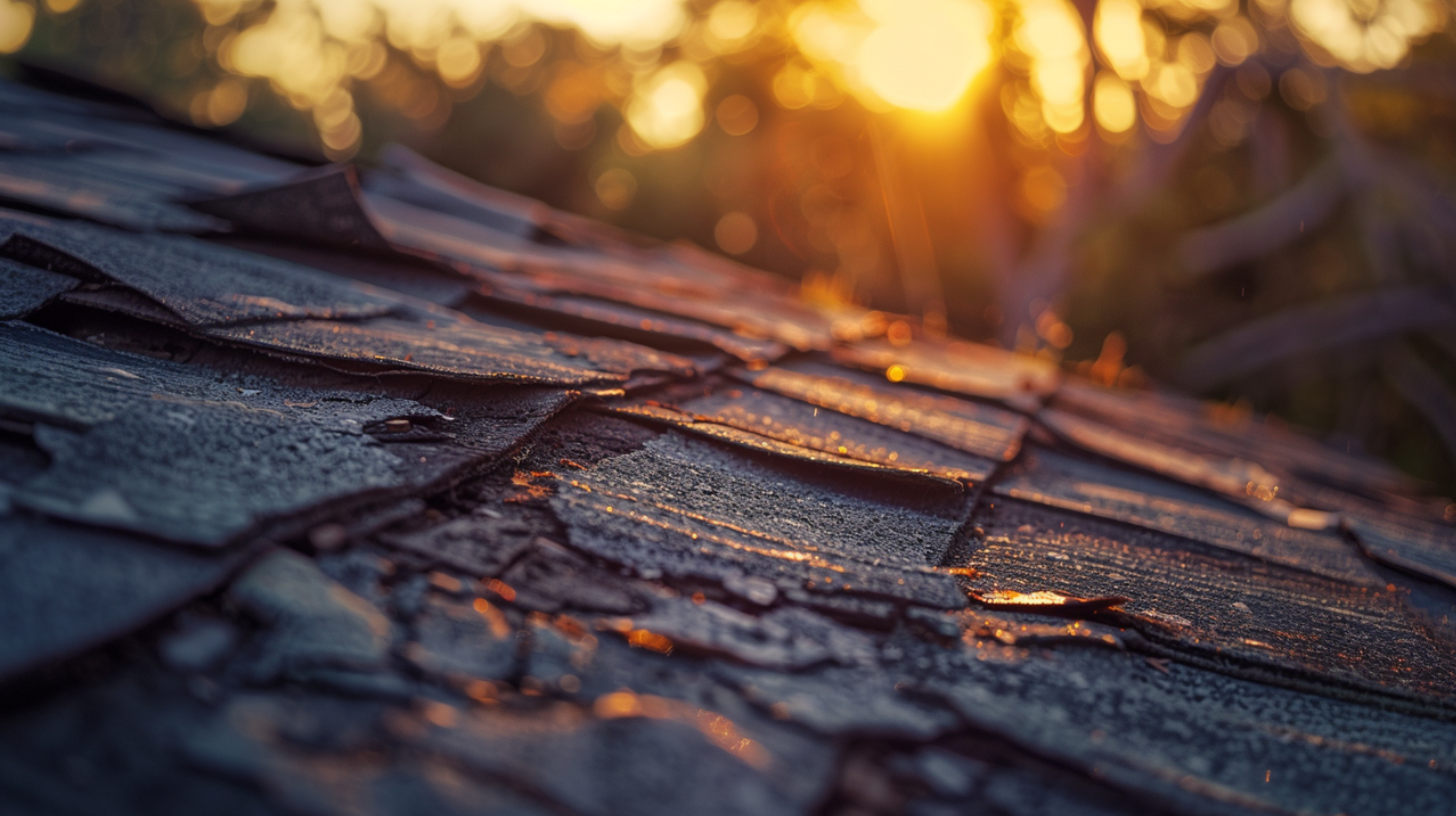 A damaged roof shingles.