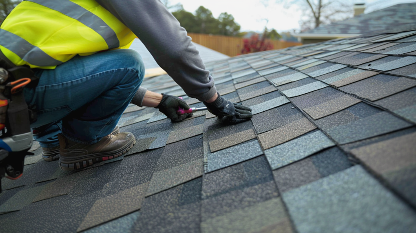 A roofer is installing asphalt shingles in the residential area of Texas.