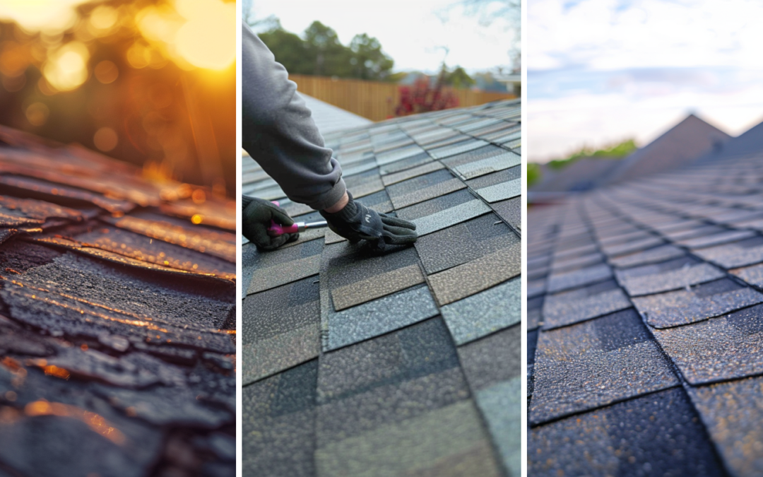 A damaged roof shingles, roofer is installing asphalt shingles in the residential area of Texas, and a beautifully installed asphalt shingles on a residential property.