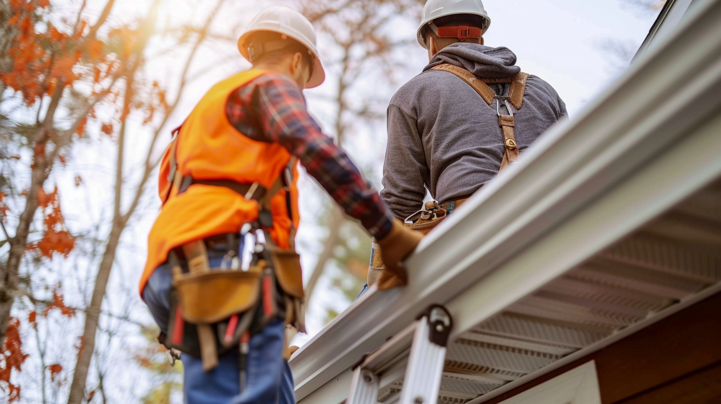 Roofers on a ladder outside a house installing gutters, focus on the gutter, gutter guard