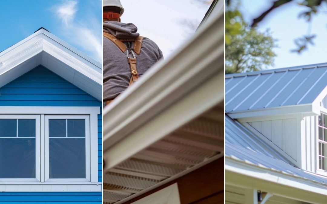 Generate a close-up image of an American-style house with blue-painted walls and white roofs, emphasizing a 'cool roof' design. Roofers on a ladder outside a house installing gutters, focus on the gutter, gutter guard. A close-up shot of a beautiful metal roof painted with white on a modern home, with the beach in the background, catch the details of the white roof.