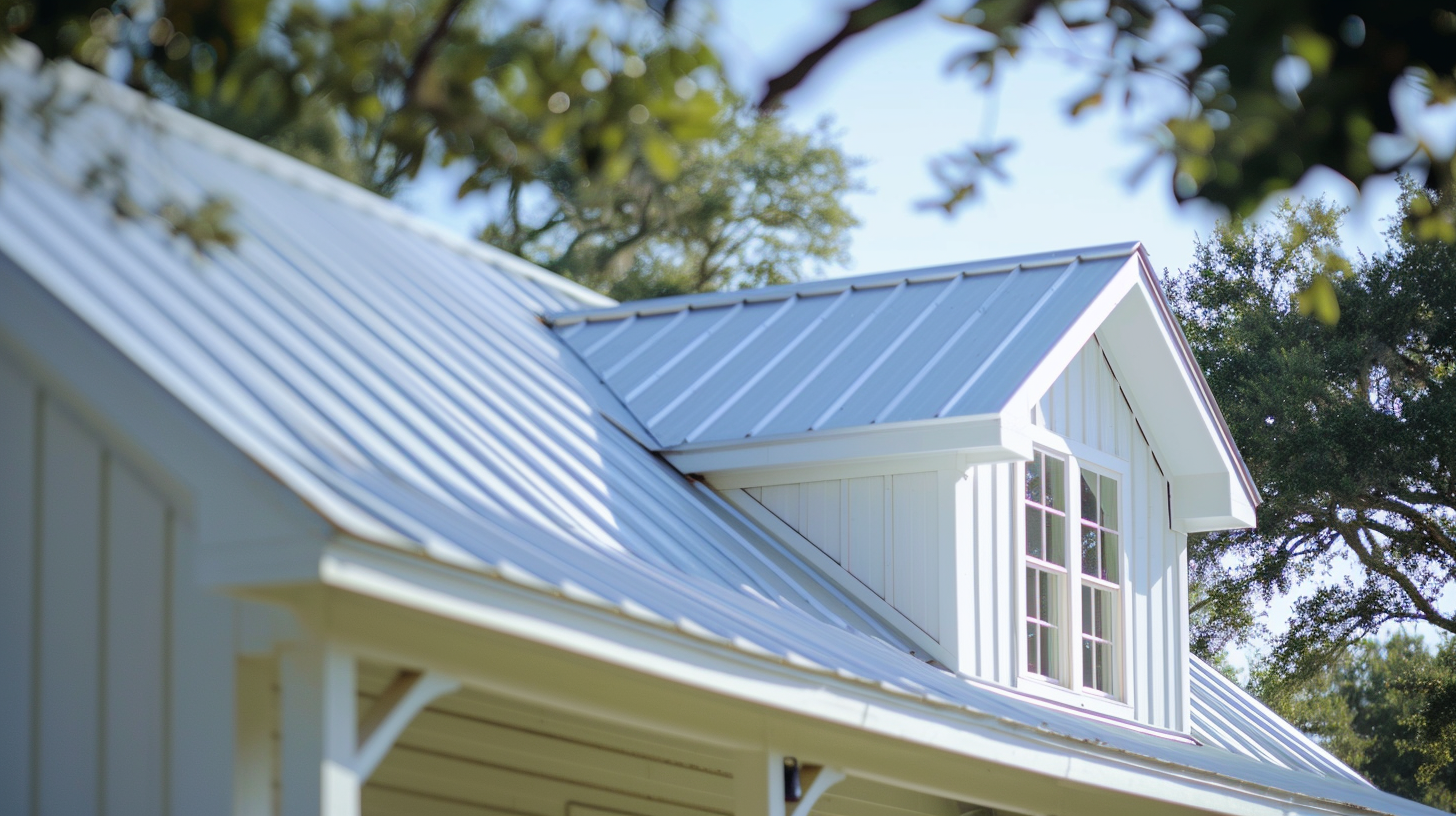 A close-up shot of a beautiful metal roof painted with white on a modern home, with the beach in the background, catch the details of the white roof.