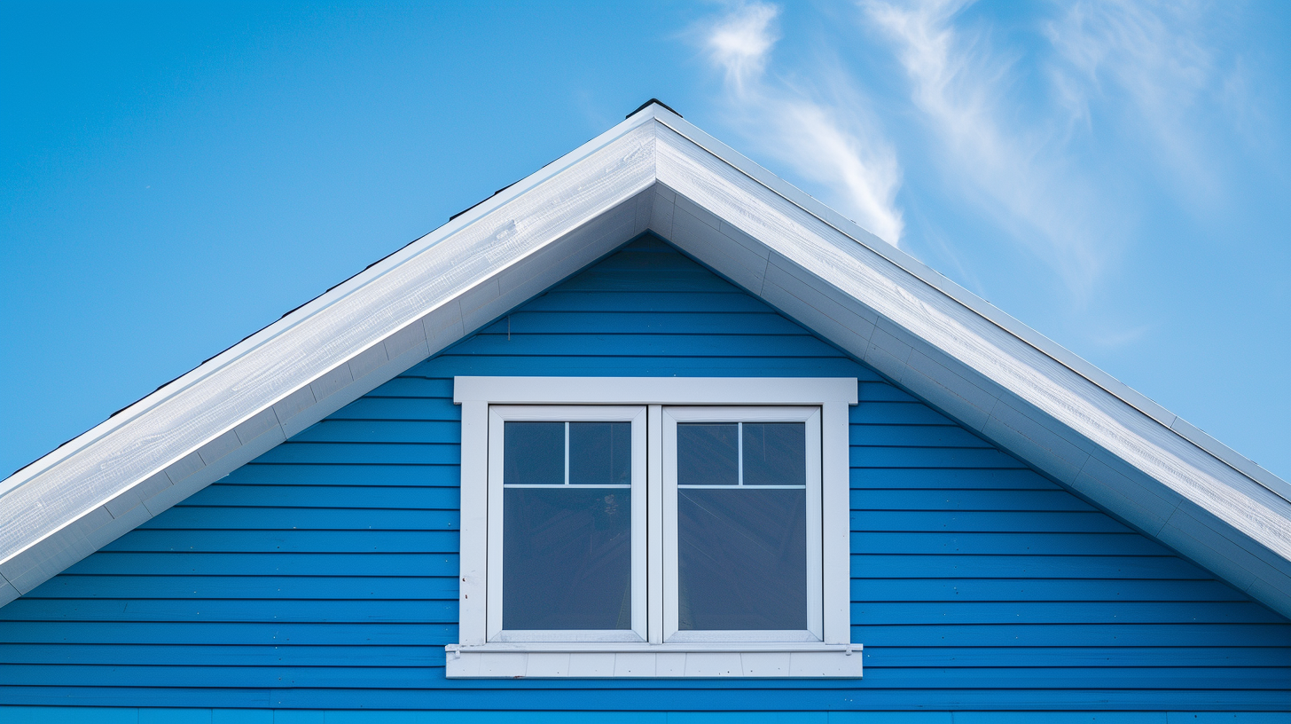 Generate a close-up image of an American-style house with blue-painted walls and white roofs, emphasizing a 'cool roof' design.