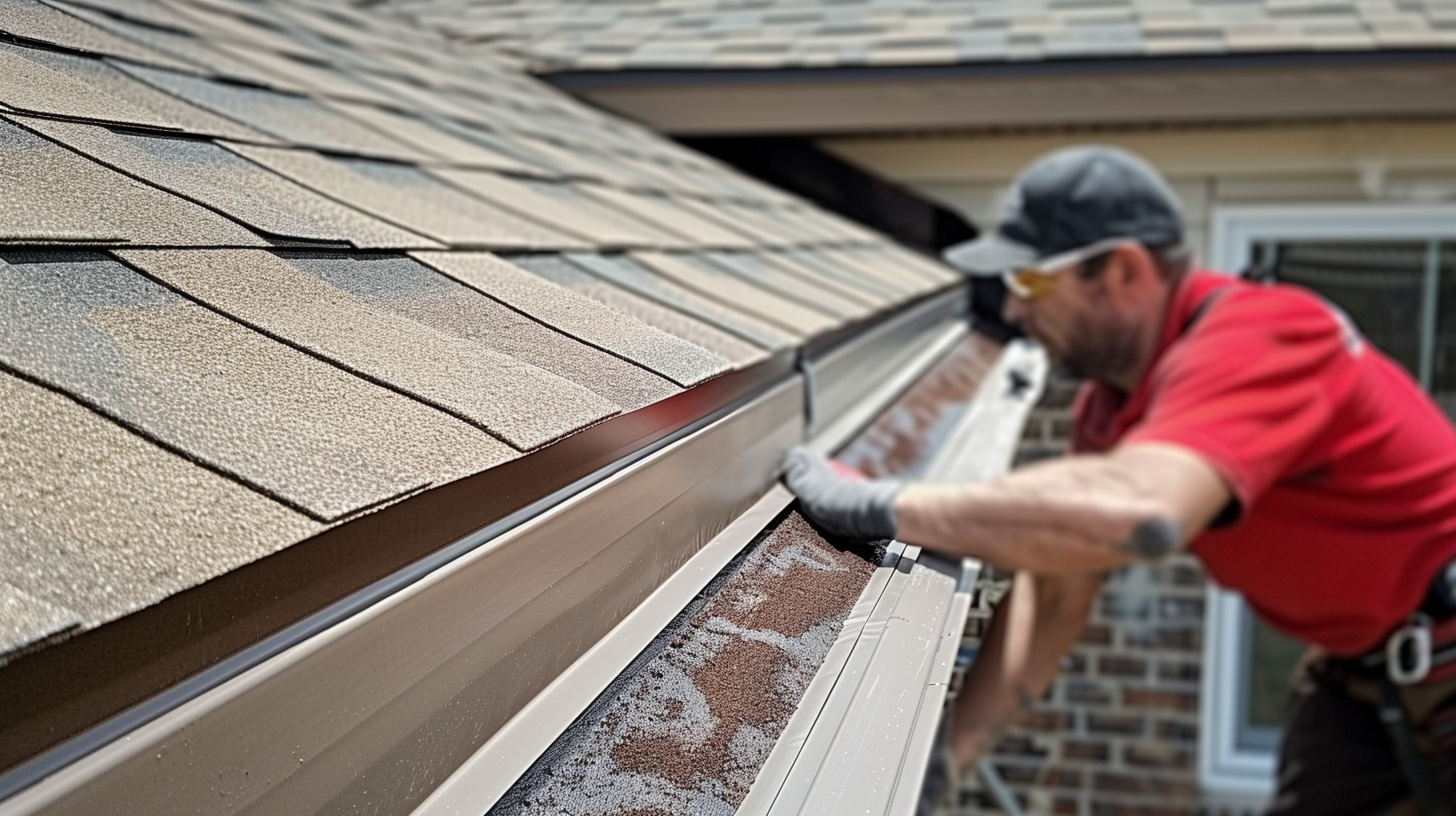 A roofer working on installing aluminum flashing on a metal roof ridge and roof valley.