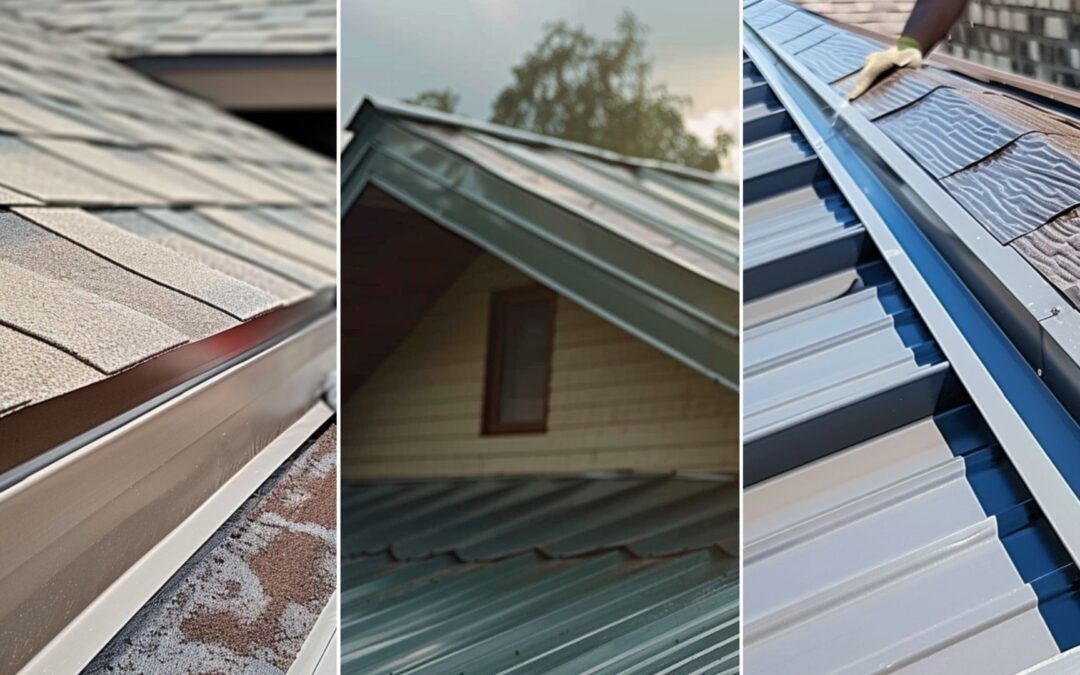 Metal roofs with roof flashing, shot focus on the roof of a residential home. A roofer working on installing aluminum flashing on a metal roof ridge and roof valley.