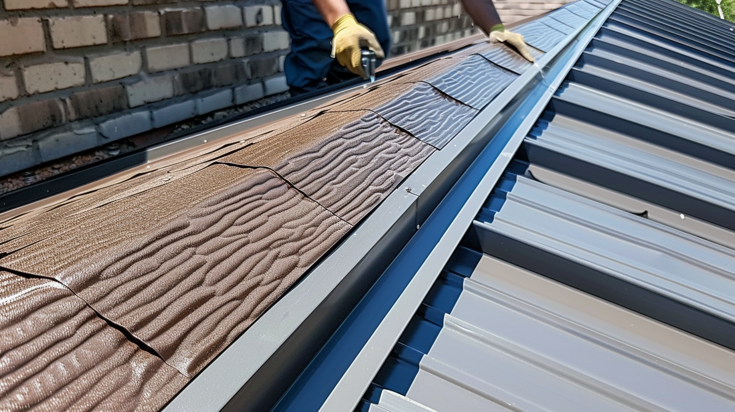 A roofer working on installing aluminum flashing on a metal roof ridge and roof valley.