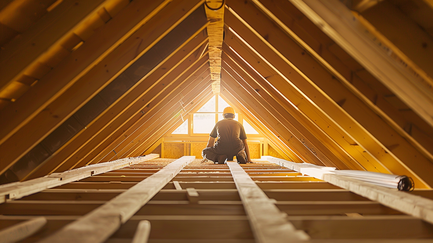 Create an image of an attic with proper ventilation, catch the details of a well-surrounded ventilation of attic, and a roofing construction worker fixing the installation in the attic.