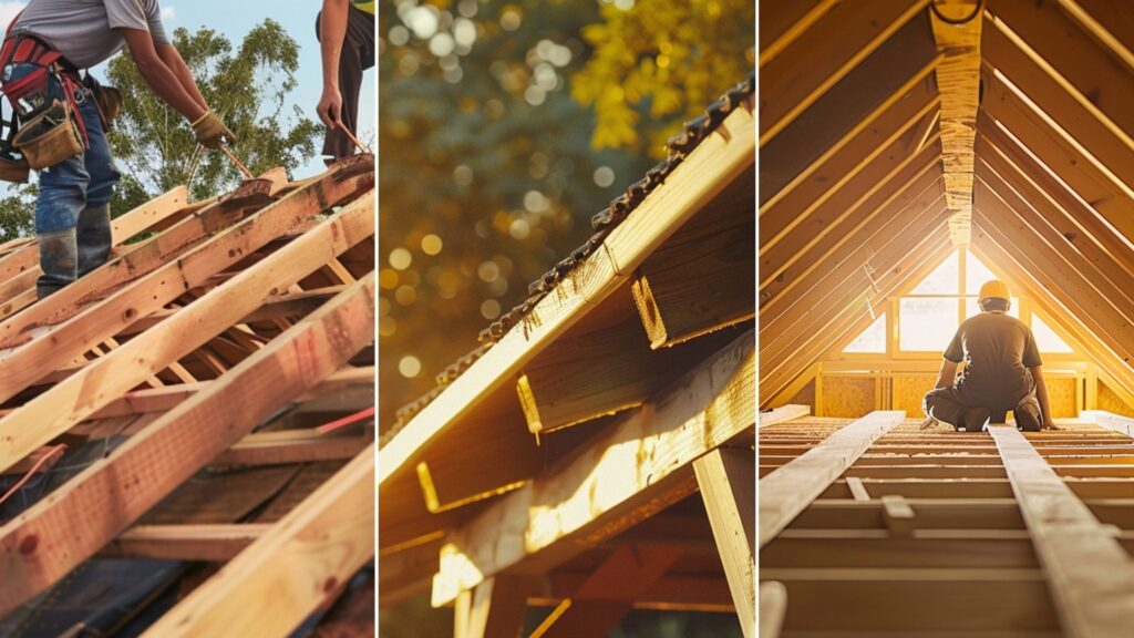 Two roofers are installing a roof wood truss on a suburban house. a roof wood truss on a suburban house. Create an image of an attic with proper ventilation, catch the details of a well-surrounded ventilation of attic, and a roofing construction worker fixing the installation in the attic.