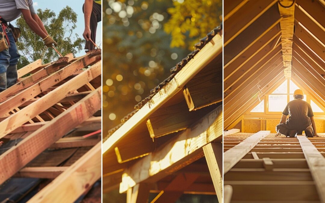 Two roofers are installing a roof wood truss on a suburban house. a roof wood truss on a suburban house. Create an image of an attic with proper ventilation, catch the details of a well-surrounded ventilation of attic, and a roofing construction worker fixing the installation in the attic.