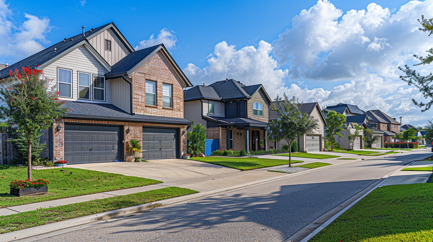 suburbian single family houses, texas region, residential neighborhood, view from the street.