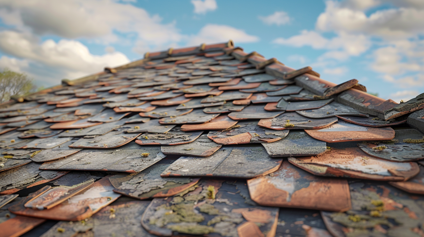 An illustration of a house with a visibly sagging roof. The roof shingles or tiles are shown with noticeable cracks and gaps, indicating shrinkage. suburbian single family houses, texas region, residential neighborhood, view from the street.