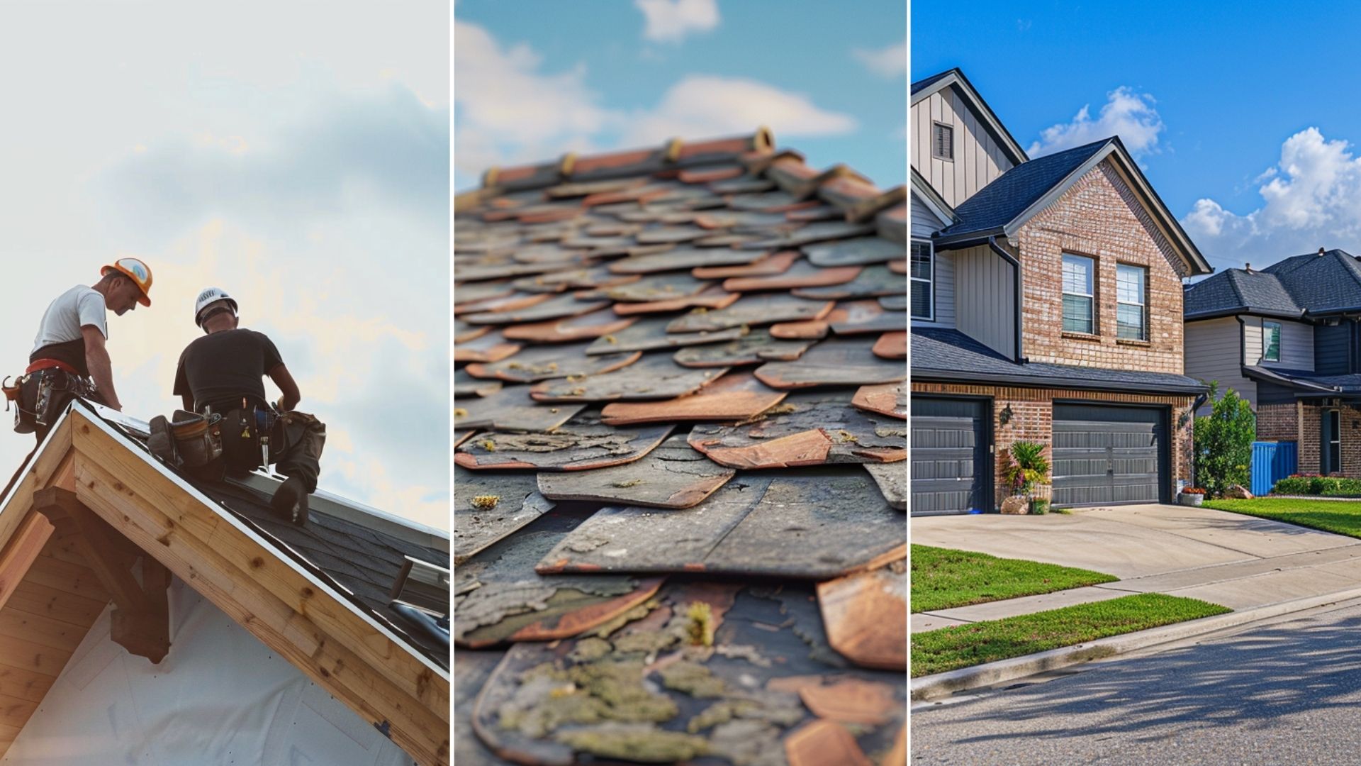 Two roofers at the peak of the roof are focused on repairing the house's roof. An illustration of a house with a visibly sagging roof. The roof shingles or tiles are shown with noticeable cracks and gaps, indicating shrinkage.