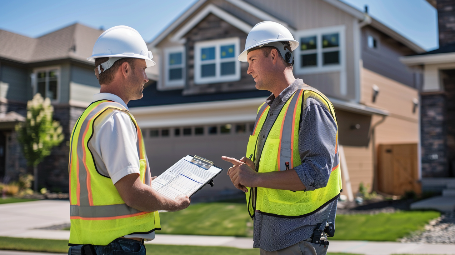 two roof contractors conducting a thorough inspection of a residential roof installation project.