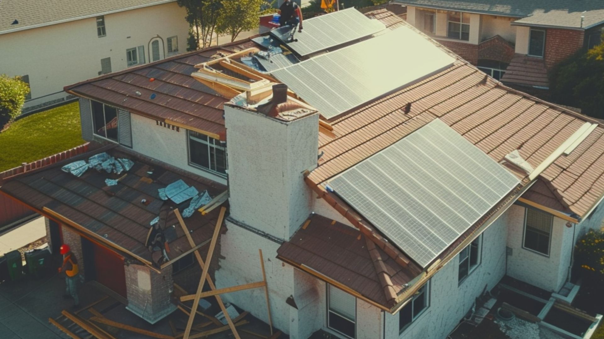 roofing contractors installing solar panels on a suburban residential home