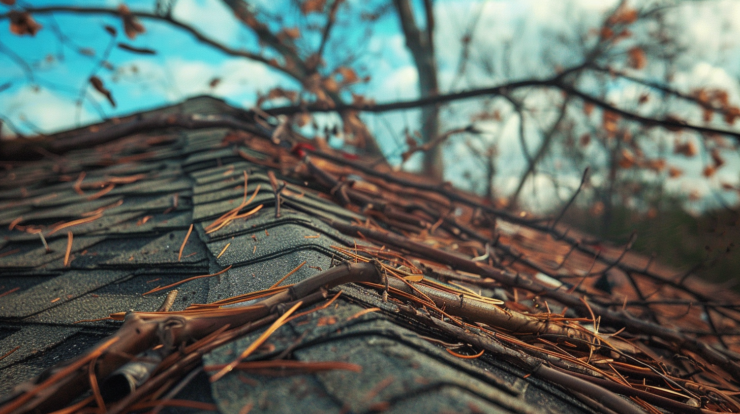 a residential roof that has been damaged by a heavy storm. small branches of trees on top of the roof.