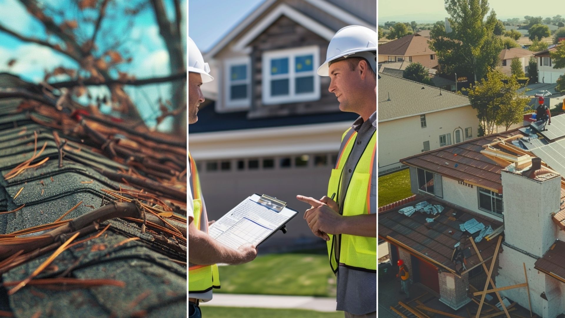 a residential roof that has been damaged by a heavy storm. small branches of trees on top of the roof. two roof contractors conducting a thorough inspection of a residential roof installation project. roofing contractors installing solar panels on a suburban residential home.