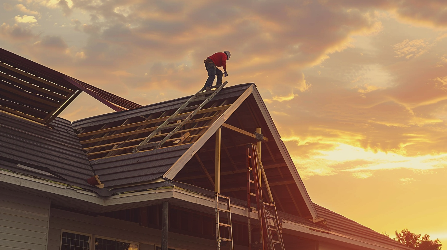 <br />
sunset view of a home with a shingle roof. A contractor is standing on a ladder working on the roof.