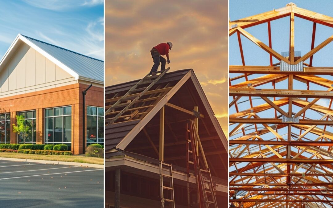 An image of a commercial roofing office building. sunset view of a home with a shingle roof. A contractor is standing on a ladder working on the roof. An image of roof truss design in San Antonio, Texas.