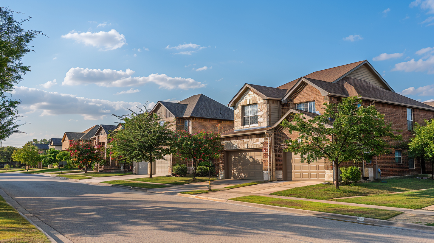 suburbian single family houses, texas region, residential neighborhood, view from the street.