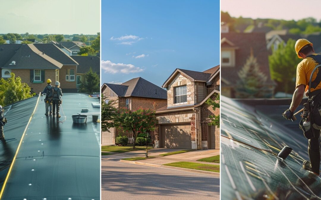 A close-up cinematic rooftop scene captured with a professional construction camera shows a team of construction workers in safety harnesses applying a black sealant coating to the flat roof of a suburban home. suburbian single family houses, texas region, residential neighborhood, view from the street.