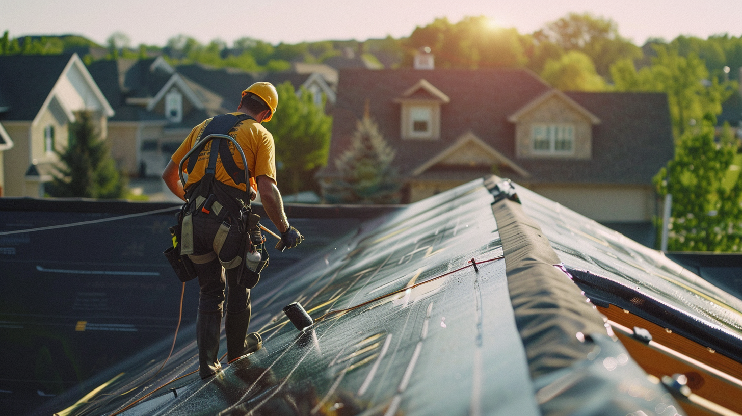 A close-up cinematic rooftop scene captured with a professional construction camera shows a team of construction workers in safety harnesses applying a black sealant coating to the flat roof of a suburban home.