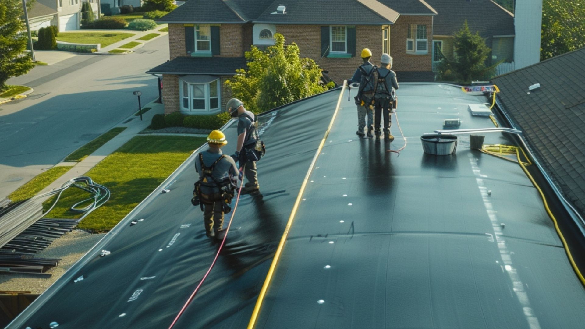 A close-up cinematic rooftop scene captured with a professional construction camera shows a team of construction workers in safety harnesses applying a black sealant coating to the flat roof of a suburban home.