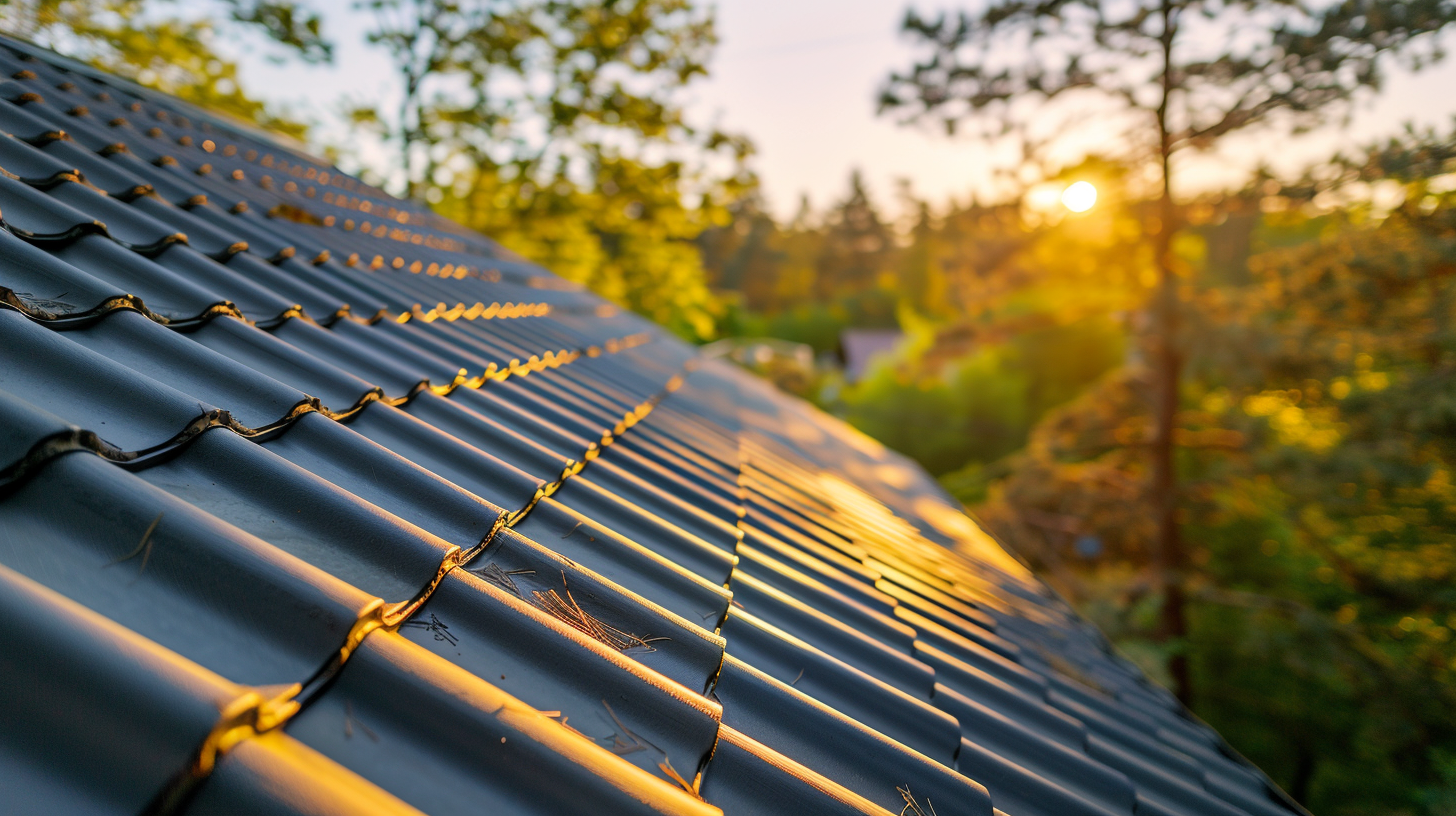 Create an image of a standing seam metal roof installed in a house roof, catch that the roof installed is new.