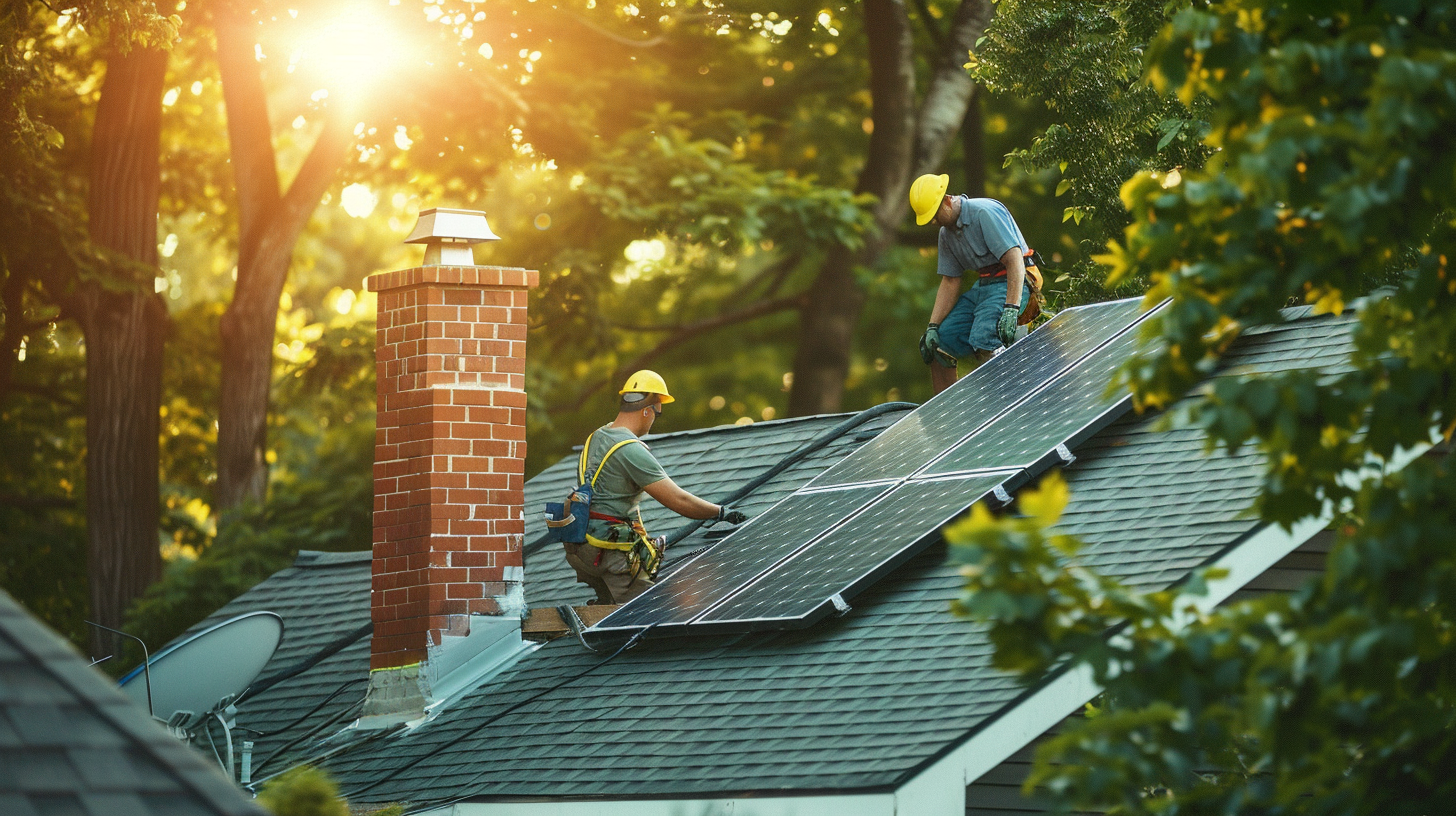 roofing contractors installing solar panels on a suburban residential home.