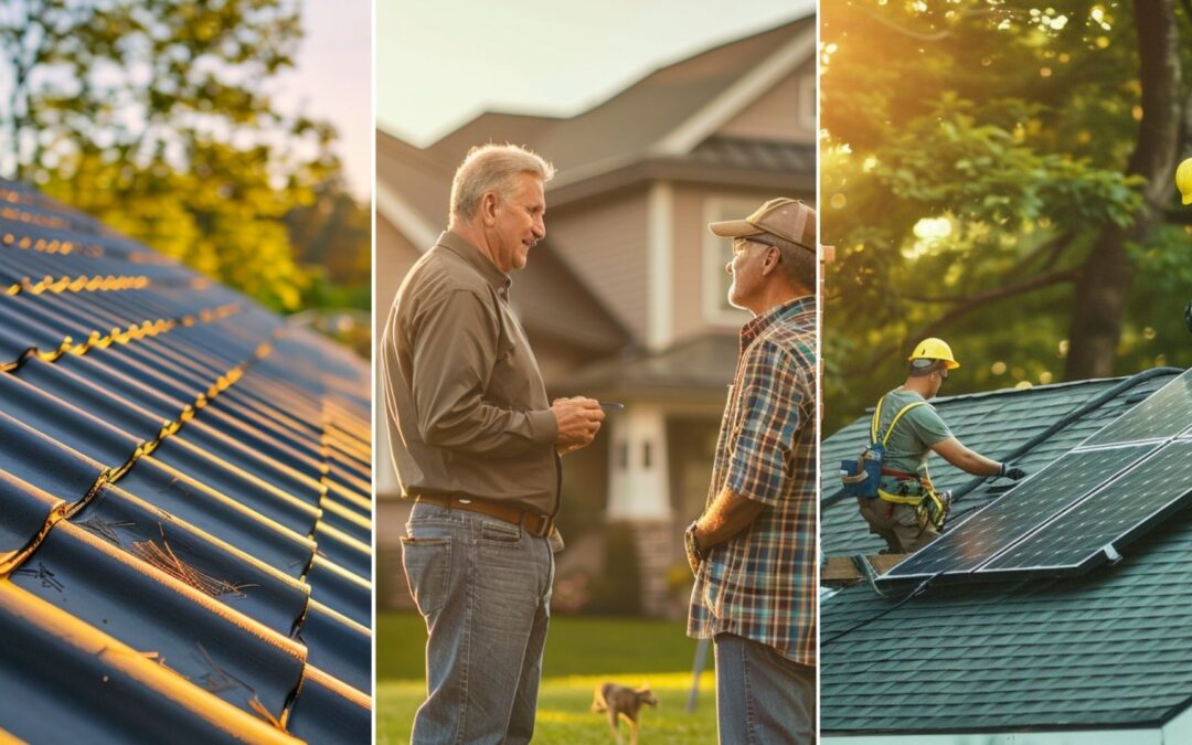 Create an image of a standing seam metal roof installed in a house roof, catch that the roof installed is new. reliable roofing contractor is talking to homeowner standing on lawn in front of the house. There are ladders going to the roof. roofing contractors installing solar panels on a suburban residential home.