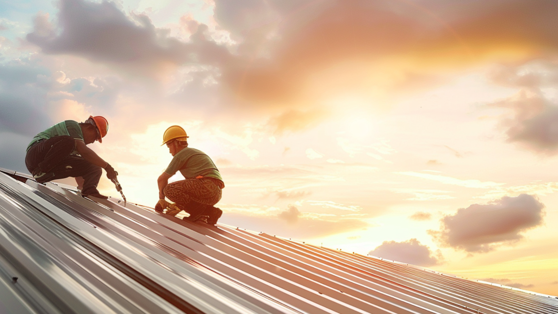 Roofing contractors fixing a metal roof.