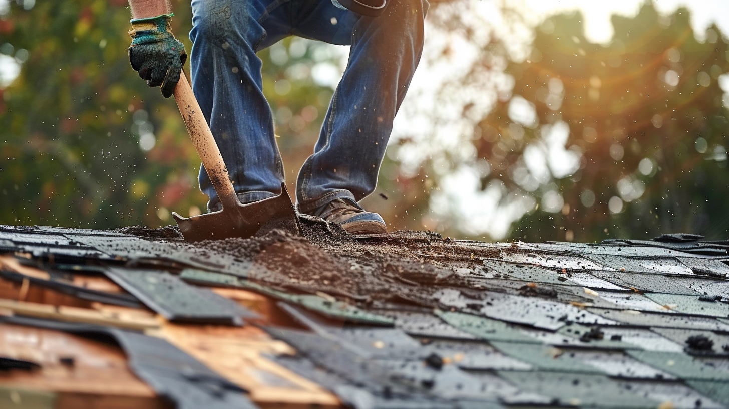 An image of roofer removing asphalt shingles using roofing shovel.