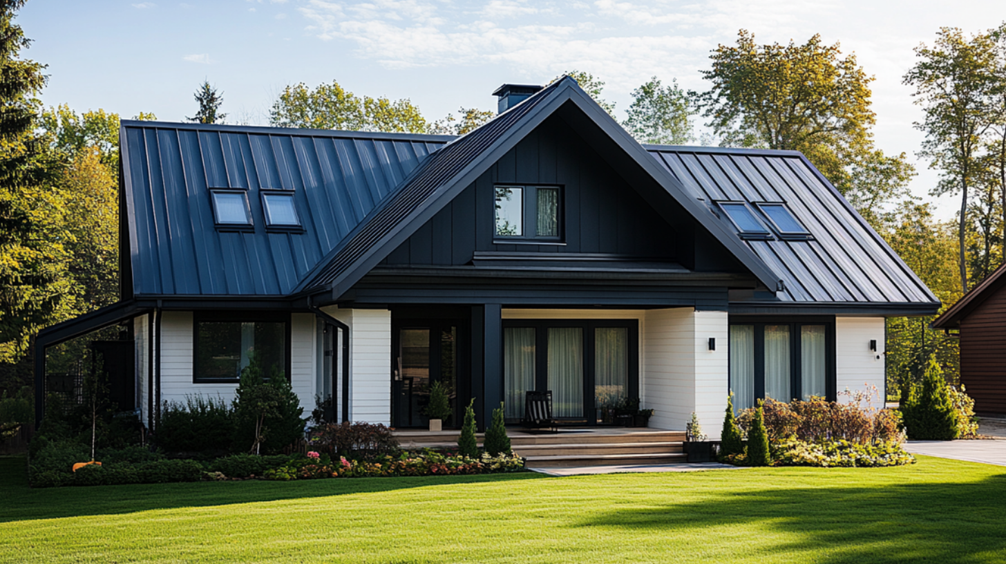 A residential house with metal roofing.