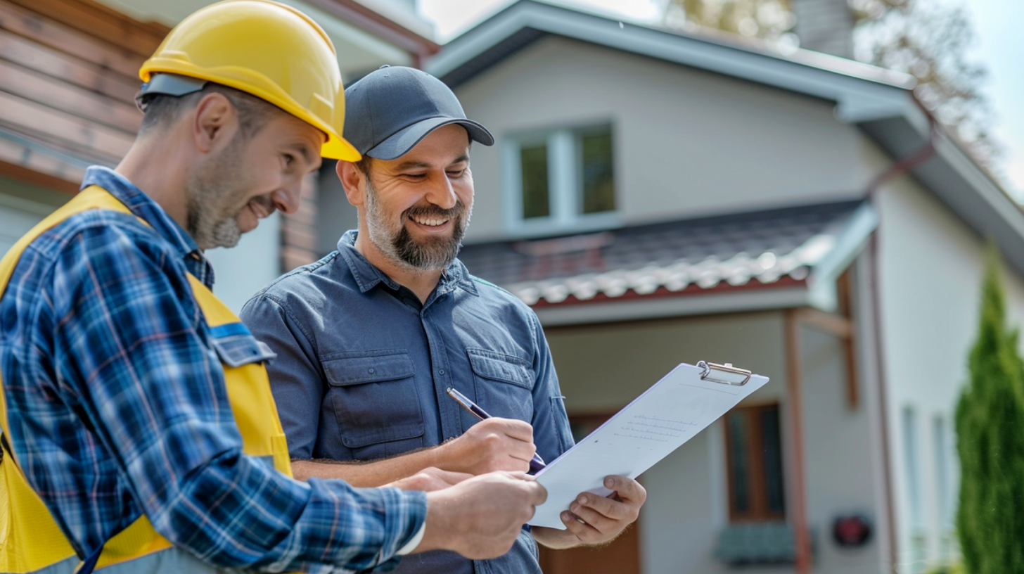 A roofing contractor discussing the scope of work of the roofing project with a customer.