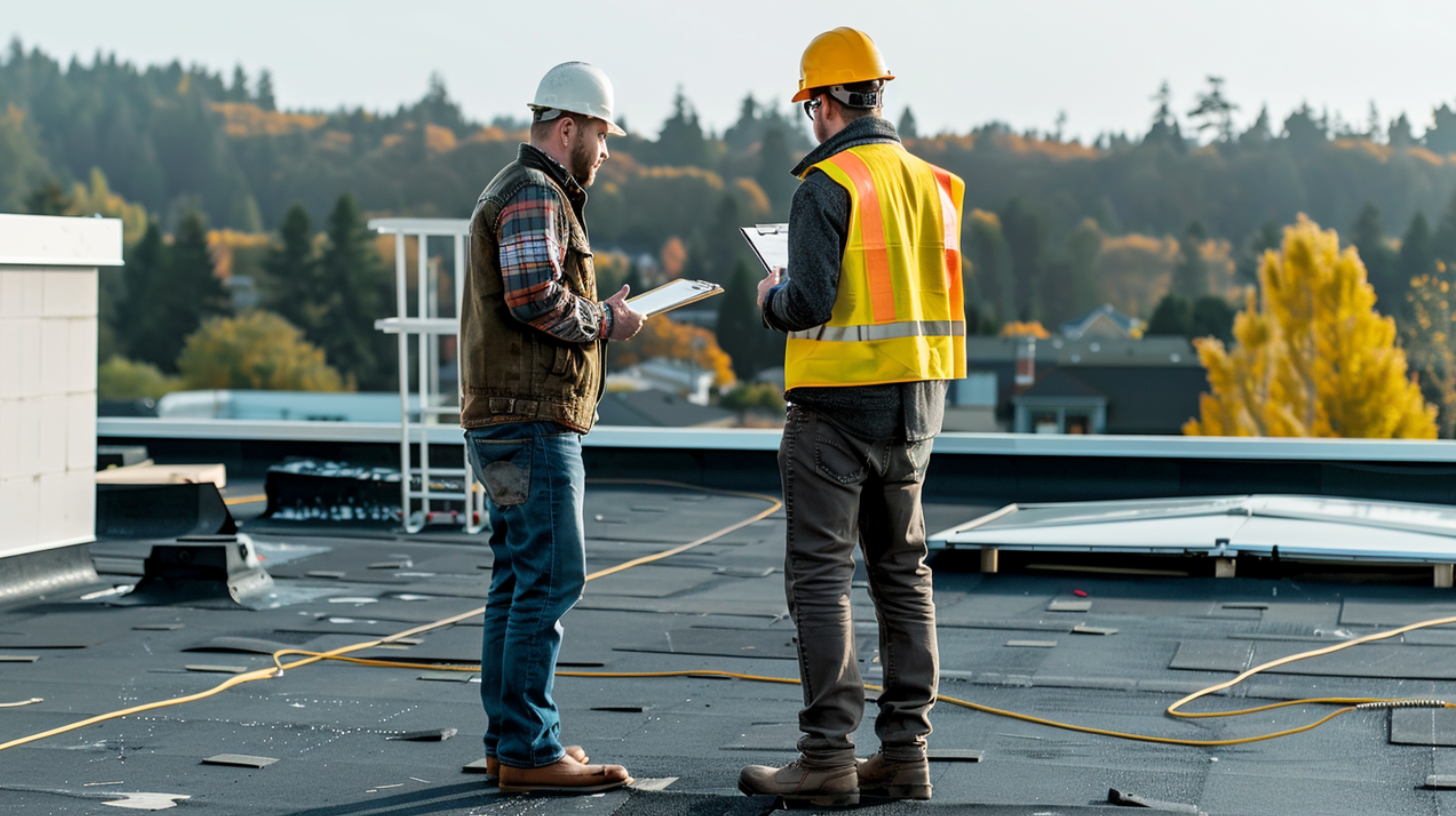 Two roofers conducting an inspection on a commercial flat roof.