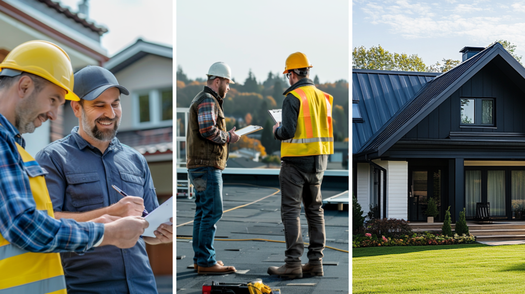 A roofing contractor discussing the scope of work of the roofing project with a customer, two roofers conducting an inspection on a commercial flat roof, and a residential house with metal roofing.